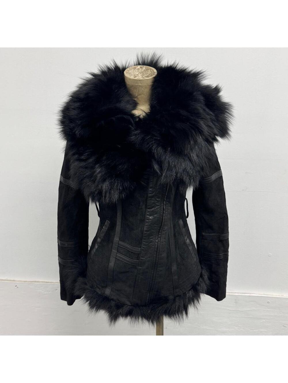 Vintage ONLY Black Suede Funnel-Neck Fox Fur Jacket